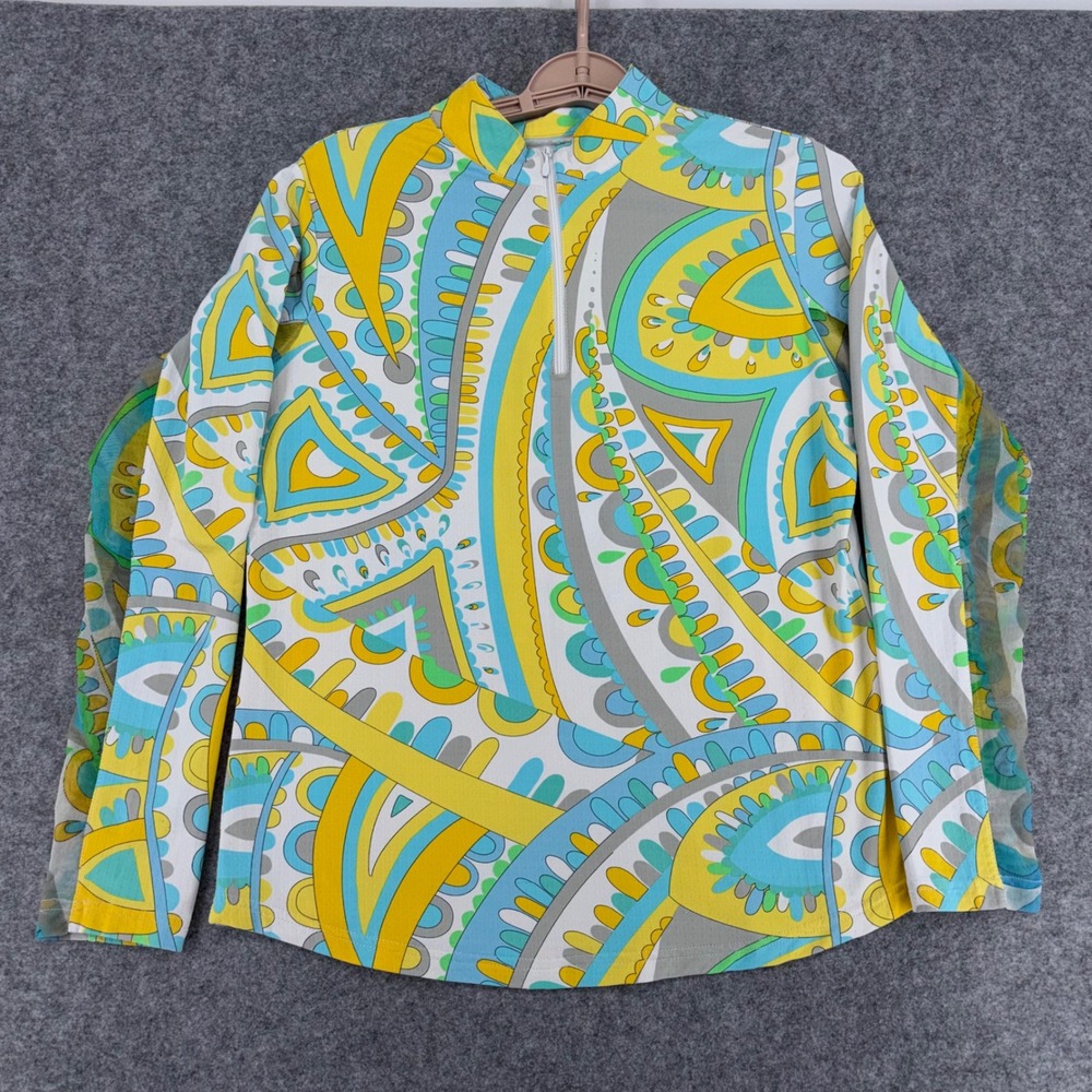 Icikuls Womens Paisley Quarter Zip Long Sleeve Active Top Yellow Blue Size M